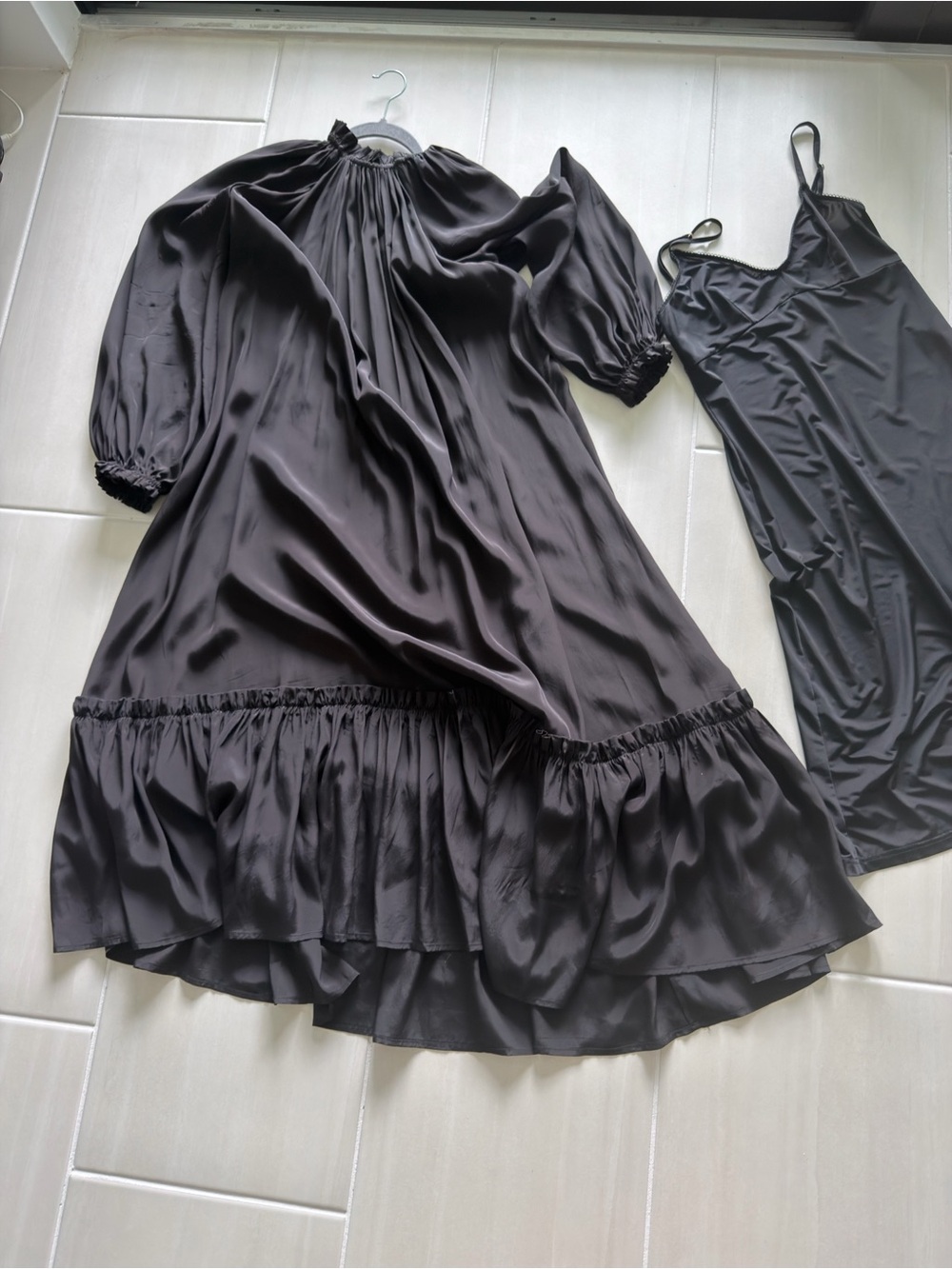 Zimmermann Black Satin Peasant Dress with Matching Black Slip